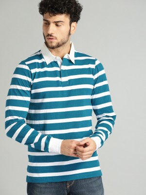 Roadster Striped Men Polo Neck Blue T-Shirt