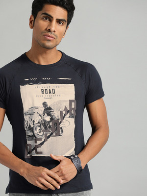 Roadster Printed Men Round Neck Dark Blue T-Shirt