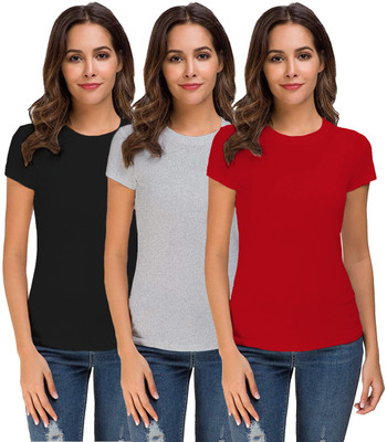 THE BLAZZE Solid Women Round Neck Red, Black, Grey T-Shirt