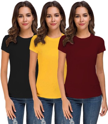 THE BLAZZE Solid Women Round Neck Maroon, Black, Yellow T-Shirt