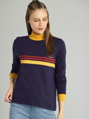 Roadster Striped Women Round Neck Dark Blue T-Shirt