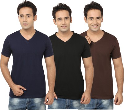 Jangoboy Solid Men V Neck Dark Blue, Black T-Shirt