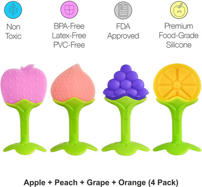 Mahikrite Baby Fruit Shape Silicone Teethers FDA-Approved Soft Silicone, BPA-Free for Infants Baby Boys & Girls (4 Pack) Teether(pink,purple,yellow)
