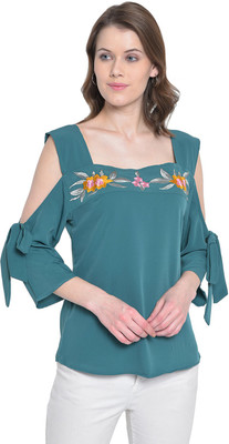 MAYRA Party 3/4 Sleeve Embroidered Women Light Blue Top