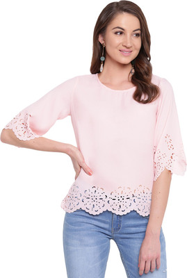 MAYRA Party Half Sleeve Solid Women Pink Top