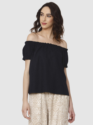 Vero Moda Casual Short Sleeve Solid Women Blue Top
