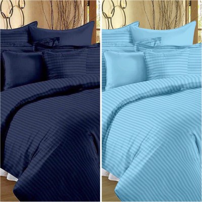 Skytex 210 TC Satin King Striped Flat Bedsheet(Pack of 2, Blue & Turquoise)