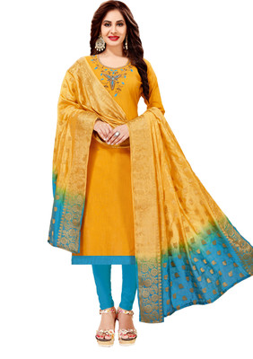 Kimisha Cotton Blend Solid, Embroidered, Self Design Kurta & Churidar Material