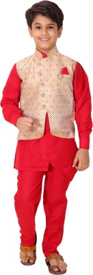 Fourfolds Boys Festive & Party Kurta, Waistcoat and Pyjama Set(Red Pack of 1)