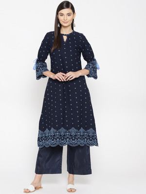 Aurelia Women Embroidered Flared Kurta(Dark Blue)