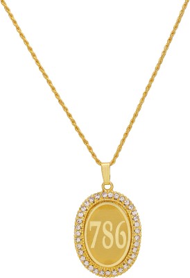 MissMister Gold Plated CZ Studded 786 Letter Engraved Oval Chain Pendant Muslim Jewellery Necklace for Men/Women Gold-plated Cubic Zirconia Brass