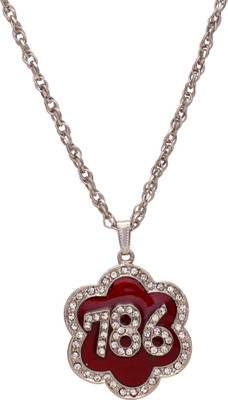 Dzinetrendz CZ Red Enamel 786 letters word, muslim islamic jewellery chain pendant necklace for Men women Silver Cubic Zirconia Brass Pendant
