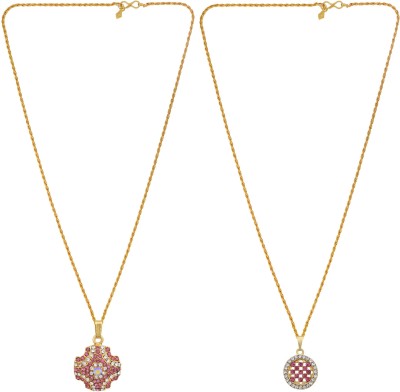 MissMister Gold Plated, Set of 2, Pinkish Red Colour and White CZ, Fashion Chain Pendant Women Stylish Latest Gold-plated Cubic Zirconia Brass Pendant