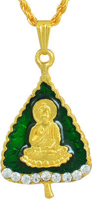 memoir Lord Buddha on Green Enamelled Pan Leaf Design Locket Gold-plated Cubic Zirconia Brass Pendant