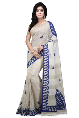 WoodenTant Self Design, Woven, Applique Handloom Pure Cotton Saree(White, Blue)