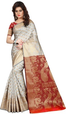 Hinayat Fashion Self Design Banarasi Silk Blend Saree(White)