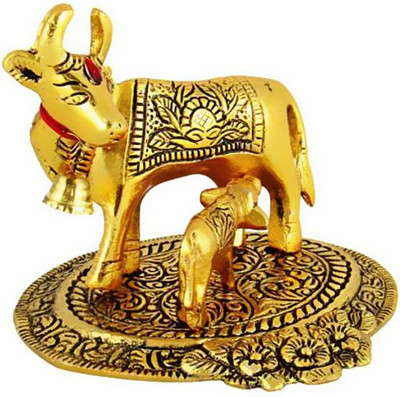 XTYLE kamdhenu cow and calf showpieces Decorative Showpiece  -  10 cm(Brass, Gold)