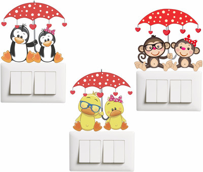 SUDARSHAN DESIGNS 11 cm Cute animal couples Switch Board Sticker Size- 11 cm x 11 cm - Set of 3 Self Adhesive Sticker(Pack of 1)