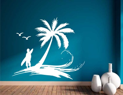 INDIA WALL STICKER 69 cm Surfer and Beach Scene Palm Trees And Birds Wall Decal & Sticker Removable Sticker(Pack of 1)