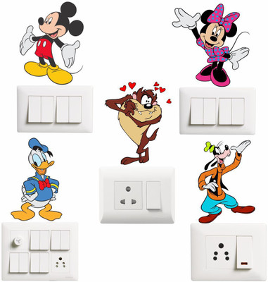 SUDARSHAN DESIGNS 10 cm Mickey Mouse Cartoon Characters Switch Board Sticker Size- 10 cm x 9 cm - Set of 5 Self Adhesive Sticker(Pack of 1)