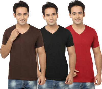 Jangoboy Solid Men V Neck Brown, Black T-Shirt