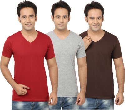 Jangoboy Solid Men V Neck Maroon, Grey T-Shirt