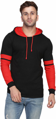 SLOWLORIS Colorblock Men Hooded Neck Black T-Shirt
