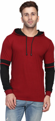 SLOWLORIS Colorblock Men Hooded Neck Maroon T-Shirt