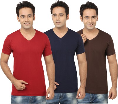 Jangoboy Solid Men V Neck Dark Blue, Maroon T-Shirt