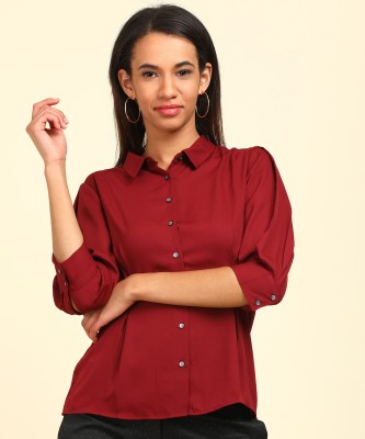 VAN HEUSEN Casual Puff Sleeve Solid Women Maroon Top