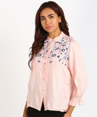 Tokyo Talkies Casual Bell Sleeve Embroidered Women Pink Top