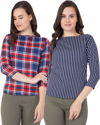 Delux Look Casual Regular Sleeve Striped, Checkered Women Red Top