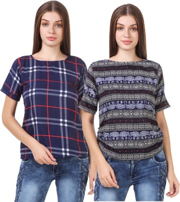 Wiser Casual Regular Sleeve Printed, Checkered Women Blue Top