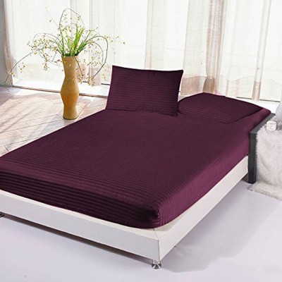 Skytex 210 TC Satin King Striped Fitted (Elastic) Bedsheet(Pack of 1, Wine)
