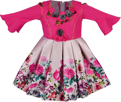 Wishkaro Girls Midi/Knee Length Festive/Wedding Dress(Red, 3/4 Sleeve)
