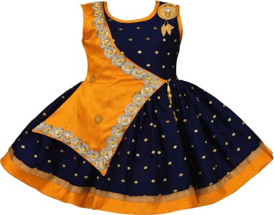 Wishkaro Girls Midi/Knee Length Party Dress(Orange, Sleeveless)