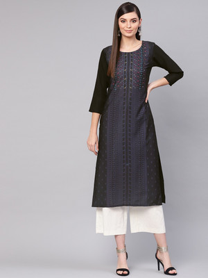 AHIKA Women Printed Straight Kurta(Black)