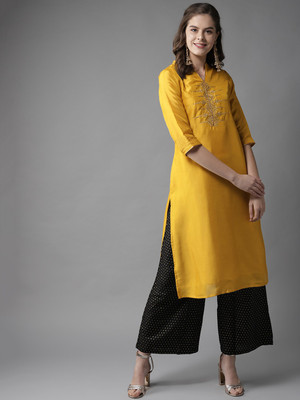 HERE&NOW Women Self Design Straight Kurta(Yellow)