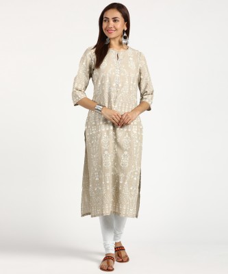 W Women Printed Straight Kurta(Beige)