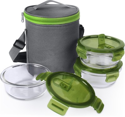 Flipkart SmartBuy H28 Borosilicate Glass Lunch Box - Microwavable, AirVent Lid, Premium Carry Bag, Round Shape 3 Containers Lunch Box  (1200 ml)