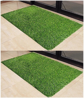 COMFY HOME Artificial Grass Door Mat(Green, Large, Pack of 2)
