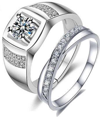 MYKI Mad In Love Couple Adjustable Rings Stainless Steel Swarovski Zirconia Sterling Silver Plated Ring Set