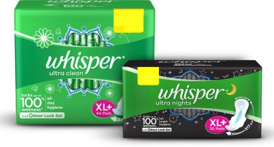 Whisper Ultra Clean XL+ 44 Pieces With Ultra nights XL+ 30 Pieces Sanitary Pad  (Pack of 74)