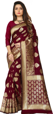 BHAKTI BHUSHAN CREATION Printed Bollywood Cotton Blend Saree(Gold, Maroon)