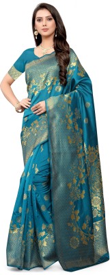 Leeza Store Woven Banarasi Silk Blend Saree(Blue)