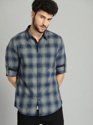 Roadster Men Checkered Casual Dark Blue Shirt