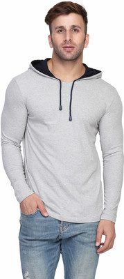 SLOWLORIS Solid Men Hooded Neck Grey T-Shirt
