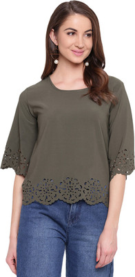 MAYRA Party Half Sleeve Solid Women Dark Green Top