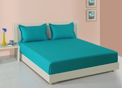 Skytex 210 TC Satin King Striped Fitted (Elastic) Bedsheet(Pack of 1, Cyan)