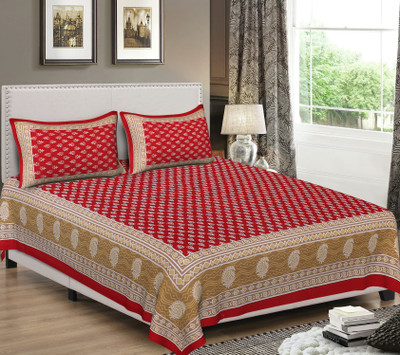 E ELMA Cotton Double Flat 120 TC Printed Bedsheet(Pack of 1, Red)